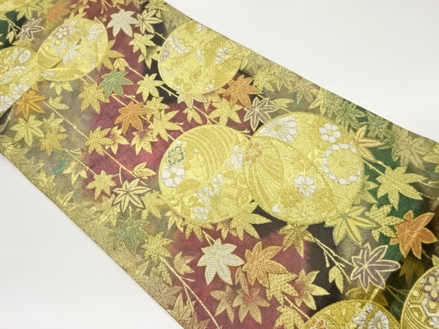 毬に枝垂れ紅葉模様織出し袋帯